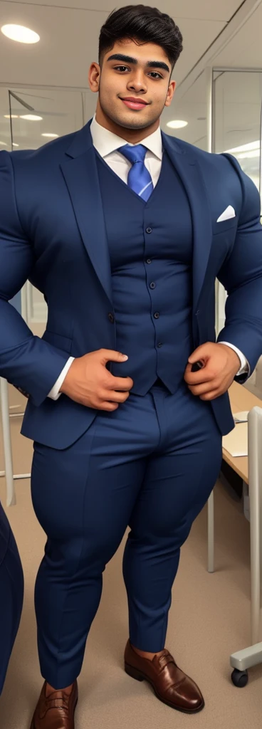 4 meter tall slightly overweight indian men. 20 years old. Childish Young hairless fresh face. In london with friend. Very sexy Posing for camera. Muscular. Wearing a tight blue office suit. Big . Smooth body and face. Belly seen. Long long legs. View from the back.