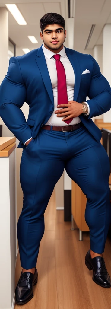 4 meter tall slightly overweight indian men. 20 years old. Childish Young hairless fresh face. In london with friend. Very sexy Posing for camera. Muscular. Wearing a tight blue office suit. Big . Smooth body and face. Belly seen. Long long legs. View from the back.
