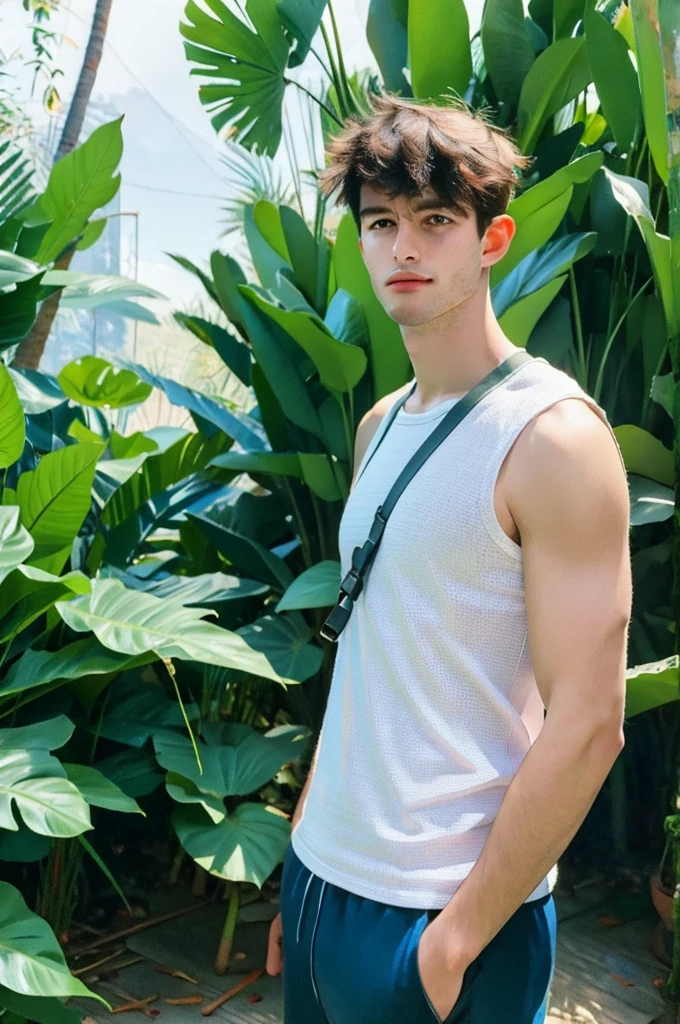 a handsome wearing tank top, upper body, outdoor, 28yo, caucasian, darelljones, ultra realistic, highres, solo, american boy, tropical forest, chill vibe, (masterpiece,best quality:1.5)