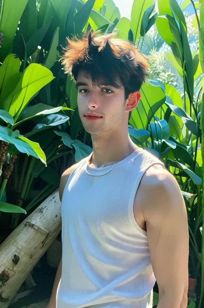 a handsome wearing tank top, upper body, outdoor, 28yo, caucasian, darelljones, ultra realistic, highres, solo, american boy, tropical forest, chill vibe, (masterpiece,best quality:1.5)