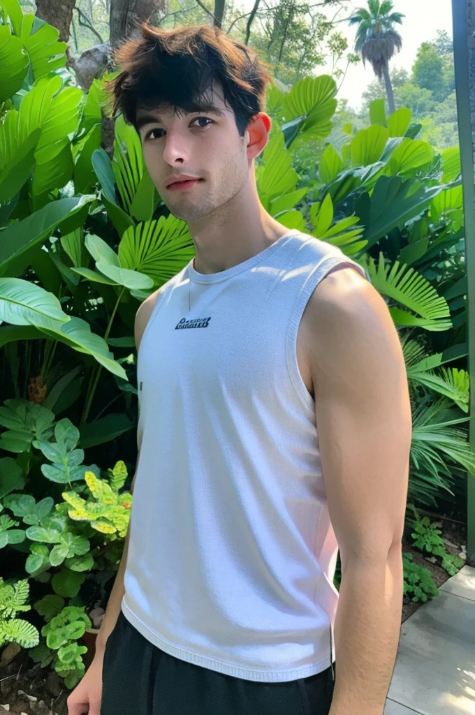 a handsome wearing tank top, upper body, outdoor, 28yo, caucasian, darelljones, ultra realistic, highres, solo, american boy, tropical forest, chill vibe, (masterpiece,best quality:1.5)