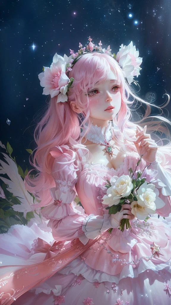 A woman in a pink dress holds a bouquet of flowers, Gu Weiss, Portrait of a magical girl, 🌺 CG Society, Ball joint doll, Portrait of a Magic Lolita Girl, Gu Weiss masterpiece, Doll Dream, Fairy Tale Core, Ethereal fairy tale, Ethereal fantasy, Belle Delphine, Popular on cgstation, Fantasy Aesthetics!, artwork in the style of Gu Weiss
