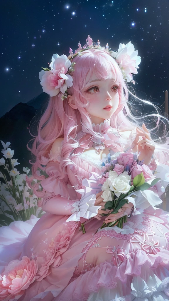 A woman in a pink dress holds a bouquet of flowers, Gu Weiss, Portrait of a magical girl, 🌺 CG Society, Ball joint doll, Portrait of a Magic ta Girl, Gu Weiss masterpiece, Doll Dream, Fairy Tale Core, Ethereal fairy tale, Ethereal fantasy, Belle Delphine, Popular on cgstation, Fantasy Aesthetics!, artwork in the style of Gu Weiss