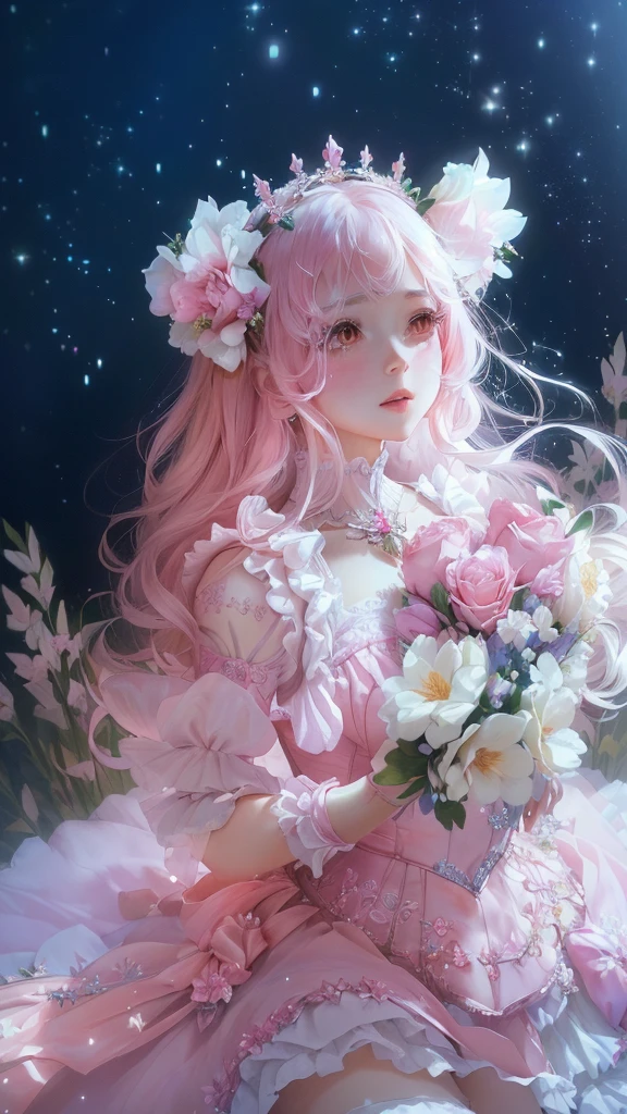 A woman in a pink dress holds a bouquet of flowers, Gu Weiss, Portrait of a magical girl, 🌺 CG Society, Ball joint doll, Portrait of a Magic Lolita Girl, Gu Weiss masterpiece, Doll Dream, Fairy Tale Core, Ethereal fairy tale, Ethereal fantasy, Belle Delphine, Popular on cgstation, Fantasy Aesthetics!, artwork in the style of Gu Weiss