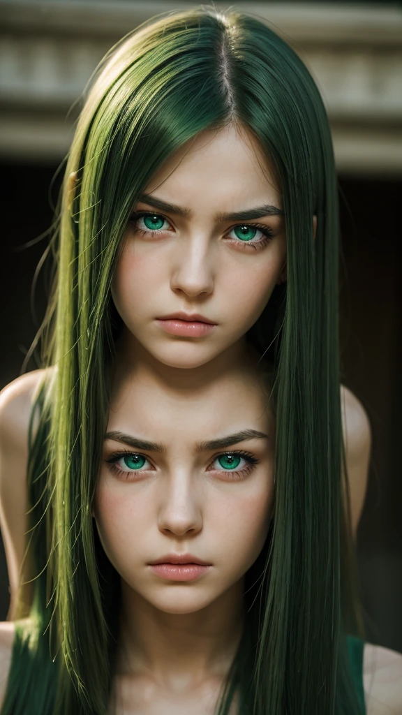 a girl. face sent feeling. Europe. Oval face. long face. delicate facial features. sad eyes. seductively seductive. green eyes. long straight hair. green hair. expression of sadness and anger