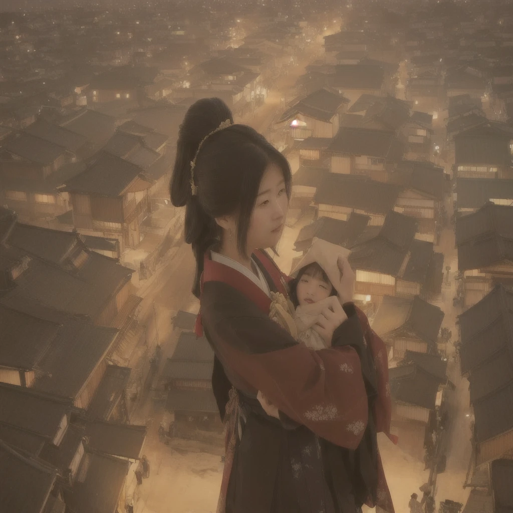 Anime girl looking out over the city at night, Jan J, artwork in the style of Gwaiz, Beautiful digital art, by Han Gan, Gwaiz, Written by Zou Zhe, Gwaiz on pixiv artstation, Beautiful artwork illustration, Gwaiz on artstation pixiv, Anime style digital art, Beautiful character drawingsBlazing flames, fire, crowd, throng, freezing, mother warming her baby.Scenery and Cityscape in the Early Meiji Era After the Meiji Restoration, Japan underwent rapid modernization and civilization. Consequently, many changes and reforms occurred. Below is a detailed explanation of the scenery, appearance of the poor, occupations, and cityscapes in the early Meiji period (1868 to the early 1880s). 2. Appearance of the Poor Life for the impoverished and lower classes remained harsh. In particular, in urban areas, people migrated from rural areas or unemployed artisans gathered, intensifying competition in the labor market. Many of them struggled with poverty, often residing in slums or around temples. 3. Occupations Meiji early Japan witnessed a diversification of occupations. Traditional agriculture and handicrafts were accompanied by the rise of modern industry and commerce. Particularly in urban areas, factory workers, shop clerks, and transporters increased, giving rise to new professions. However, many in these occupations endured harsh working conditions. 4. Influence of Civilization and Enlightenment During the Meiji era, Western cultural influences spread rapidly. Changes in clothing, dietary habits, and the proliferation of Western-style architecture advanced, especially in urban areas. Conversely, this development posed a threat to traditional culture and lifestyles, resulting in societal upheaval and adaptation challenges. 5. Social Change and Policy Influence While promoting modernization policies, the government also addressed poverty and social issues. Legislation for labor protection and charitable activities to aid the poor were implemented. Nevertheless, living conditions for the impoverished scarcely improved. The early Meiji period marked a rapid transformation in Japan, wi