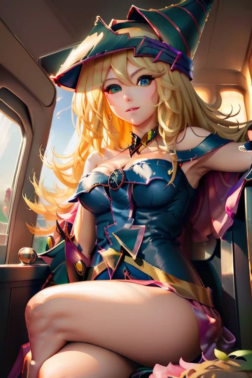 Masterpiece, 8k, best resolution, sexy dark magician girl, 25 yers old, sitting on the throne, crossing legs, visible medium tits, pretty face, blonde long hair, green eyes, smiling mouth