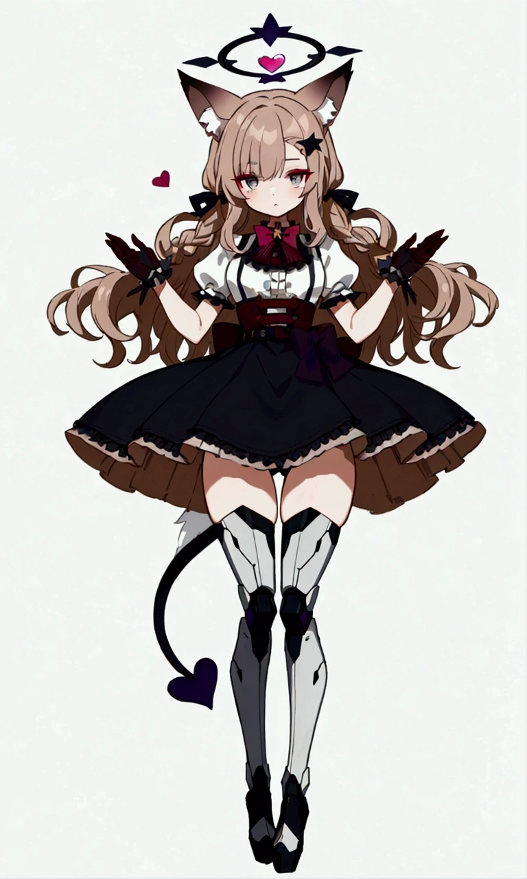 woman 180 cm tall., big chest, wide hip, slim build, charming look, (dark blonde hair), ((hip length loose wavy hair, asymmetrical bangs, star hairpin)), (a short braid on the left and right side of the hair tied with an elegant purple ribbon), (small ribbons at the back of the hair), ((Gray eyes with a pink 4-pointed star in the pupil.)), (Two black fox ears located on the top of the head.), (luminous black halo in the shape of a 4-pointed star on the head), ((It has a small black succubus tail that ends in the shape of a heart.)), (((It has complex mechanical legs that reach up to the thighs..., The legs are dark gray with small details in burgundy and black.))), (elegant knee length one piece dress, small Vinotinto bow tie on the collar of the dress, white bust with black vertical lines, ruffles in the middle of the bust, lace and ruffle skirt, short sleeves with ruffles, ribbon decorations and star patterns on the dress), black ruffled gloves, Black platform heels, gray belt at the waist with a large ribbon with a luminous pink heart in the middle, black necklace with heart pendant on the neck, (((character design sheet: front view))), ((whole body)), extremely detailed beautiful hair, beautiful detailed dress, extremely detailed arms, extremely detailed face, (Extremely detailed hands), perfect hands, small face, Beautiful detailed eyes, beautiful detailed lips, adorable, extremely detailed legs, (Best Quality, 8k, high resolution), ultra detailed, Exquisite and epic character art., ((White background)), (Focus on symmetry), (beautiful detailed succubus tail), (Only one woman in the photo)