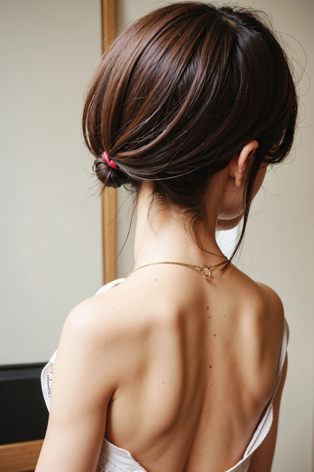 Top quality, 1 beautiful woman, super short Hair, wearing tanktop, shy-smile, back pose