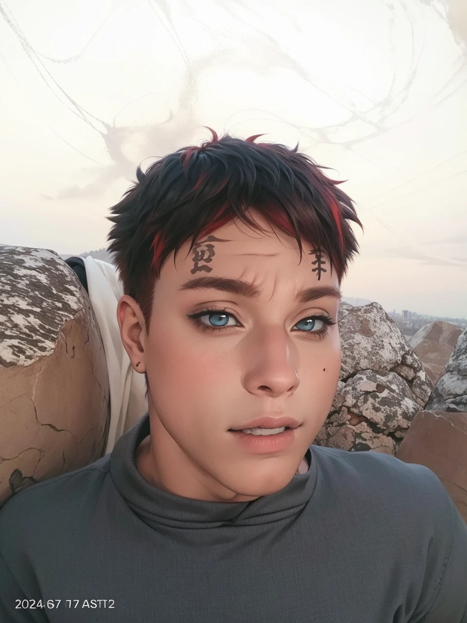 masterpiece, ultra-detailed, 1boy, male focus, upper body shot, Gaara wearing Streetwear Hoodie, red hair, look at viewer, happy face, Hands in pockets, vibrant colors, cityscape background, dinamic lighting, highly detailed face, stylish, urban style, cool attitude, bokeh, blurry background,