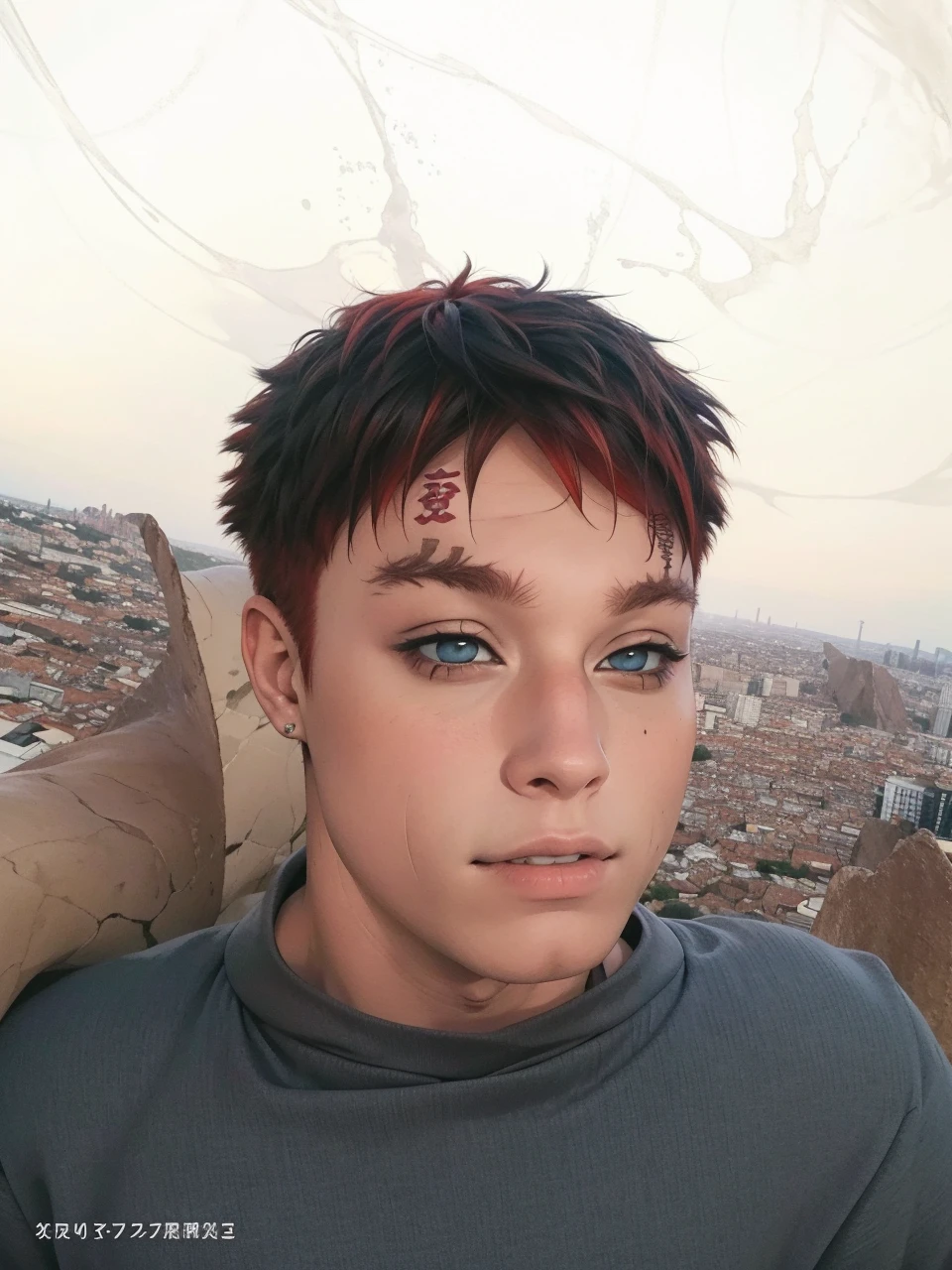 masterpiece, ultra-detailed, 1boy, male focus, upper body shot, Gaara wearing Streetwear Hoodie, red hair, look at viewer, happy face, Hands in pockets, vibrant colors, cityscape background, dinamic lighting, highly detailed face, stylish, urban style, cool attitude, bokeh, blurry background,