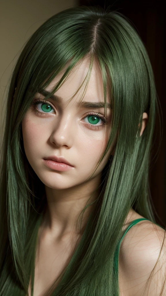 a girl. face sent feeling. Europe. Oval face. long face. delicate facial features. sad eyes. seductively seductive. green eyes. long straight hair. green hair. expression of sadness and anger