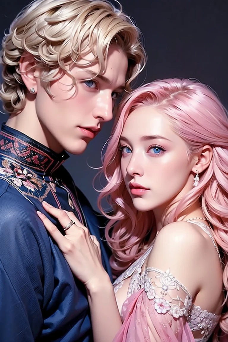 ((man, male, young, boy, short hair, blonde hair, man near woman)) woman, curly hair and long pink hair, blue eyes Pink hair woman ,) two people a man and a woman)