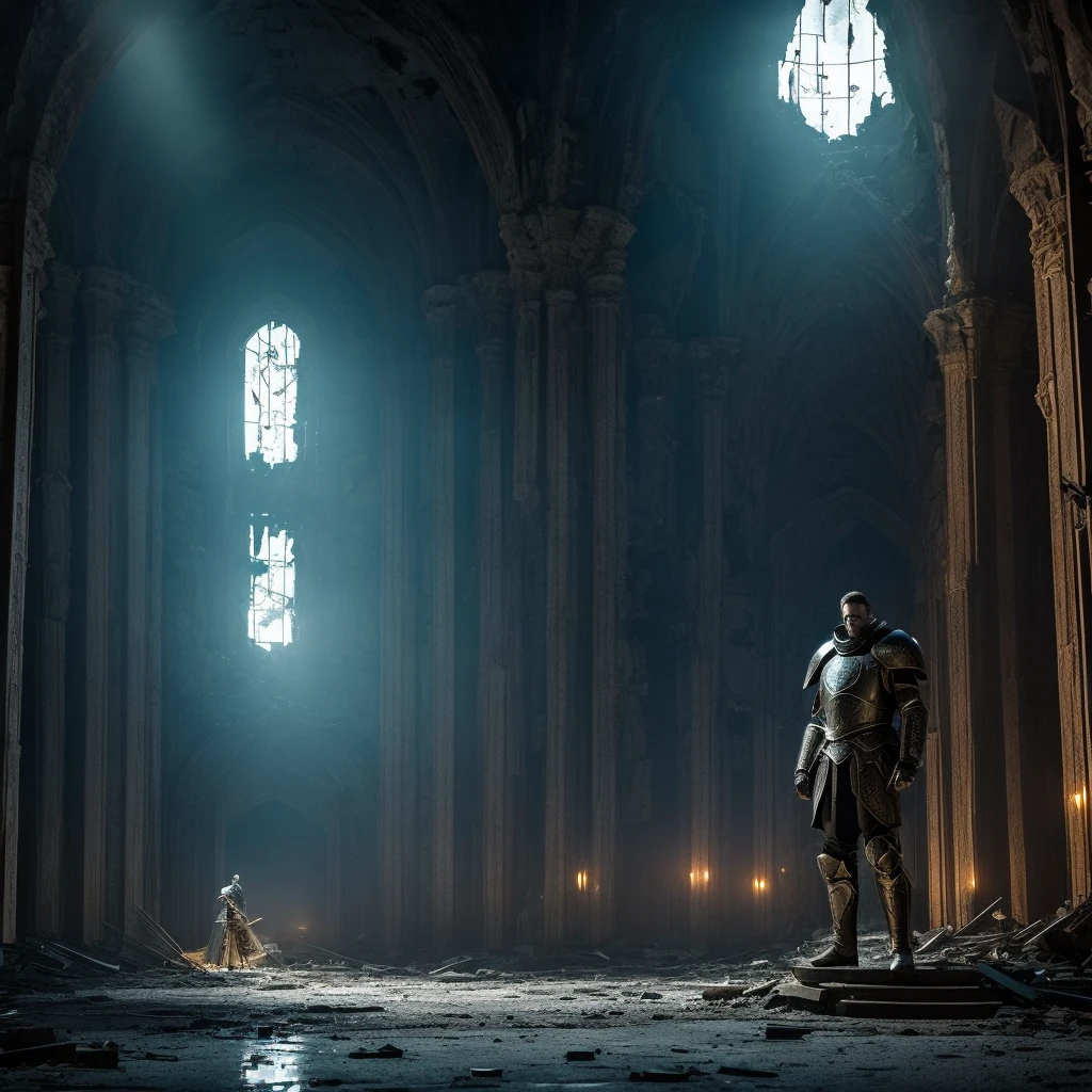 Tall man in a decrepit armour, standing in the middle of a destroyed and abandoned throne room at night