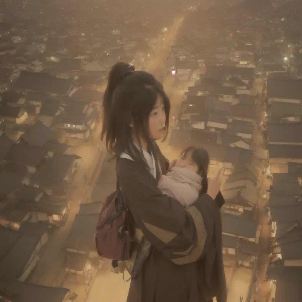 Anime girl looking out over the city at night, Jan J, artwork in the style of Gwaiz, Beautiful digital art, by Han Gan, Gwaiz, Written by Zou Zhe, Gwaiz on pixiv artstation, Beautiful artwork illustration, Gwaiz on artstation pixiv, Anime style digital art, Beautiful character drawingsBlazing flames, fire, crowd, throng, freezing, mother warming her baby.Scenery and Cityscape in the Early Meiji Era After the Meiji Restoration, Japan underwent rapid modernization and civilization. Consequently, many changes and reforms occurred. Below is a detailed explanation of the scenery, appearance of the poor, occupations, and cityscapes in the early Meiji period (1868 to the early 1880s). 2. Appearance of the Poor Life for the impoverished and lower classes remained harsh. In particular, in urban areas, people migrated from rural areas or unemployed artisans gathered, intensifying competition in the labor market. Many of them struggled with poverty, often residing in slums or around temples. 3. Occupations Meiji early Japan witnessed a diversification of occupations. Traditional agriculture and handicrafts were accompanied by the rise of modern industry and commerce. Particularly in urban areas, factory workers, shop clerks, and transporters increased, giving rise to new professions. However, many in these occupations endured harsh working conditions. 4. Influence of Civilization and Enlightenment During the Meiji era, Western cultural influences spread rapidly. Changes in clothing, dietary habits, and the proliferation of Western-style architecture advanced, especially in urban areas. Conversely, this development posed a threat to traditional culture and lifestyles, resulting in societal upheaval and adaptation challenges. 5. Social Change and Policy Influence While promoting modernization policies, the government also addressed poverty and social issues. Legislation for labor protection and charitable activities to aid the poor were implemented. Nevertheless, living conditions for the impoverished scarcely improved. The early Meiji period marked a rapid transformation in Japan, wi