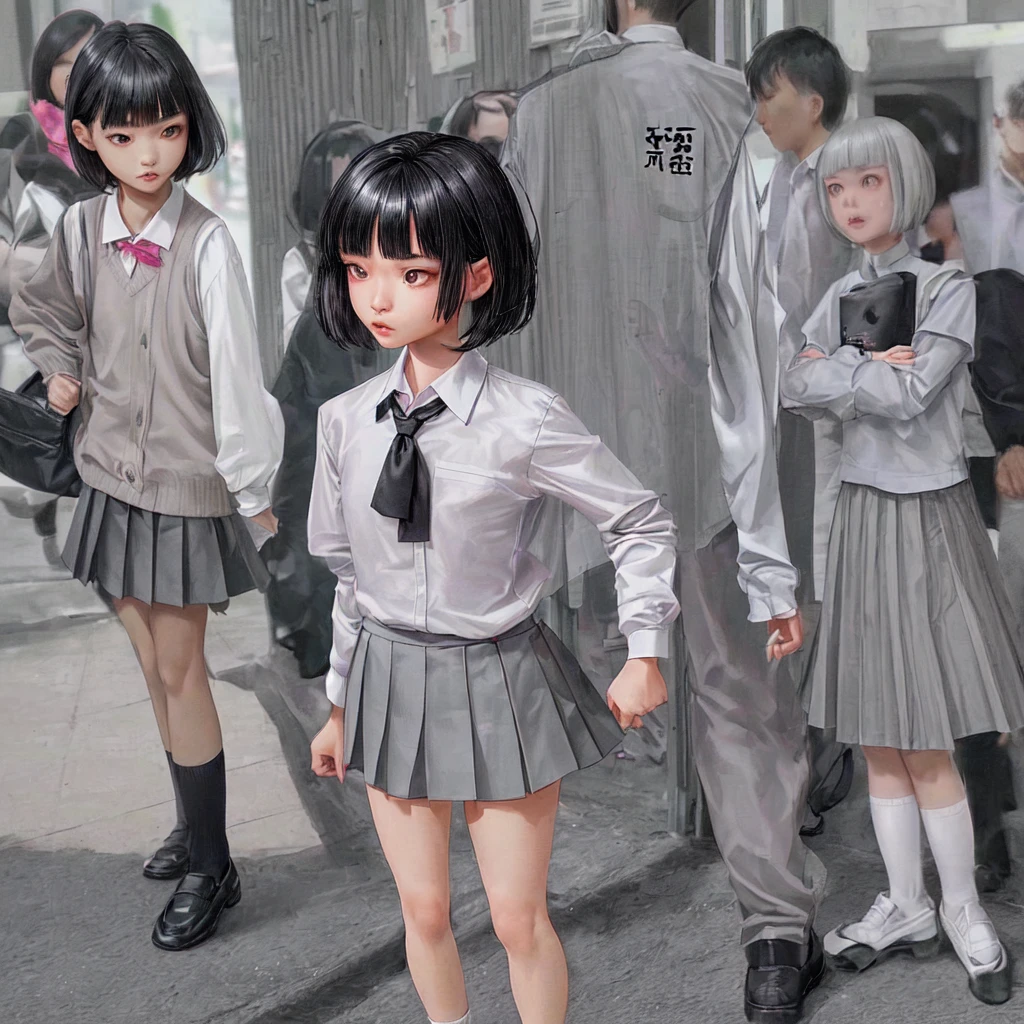 Asian teen, sharp face, small nose, pink small lips, grey asian eyes, grey short bangs, white school shirt, grey short skirt, short white socks, black fancy shoes