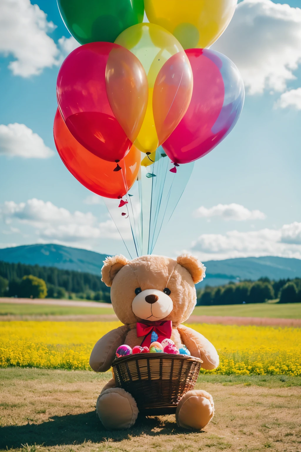 a cute plush teddy bear in a basket,floating colorful balloons,cartoon style,detailed rendering,vibrant colors,soft lighting,whimsical atmosphere,adorable expression,playful pose,charming details,beautiful sky background,picturesque landscape,serene and dreamlike,high quality,cinematic composition,photorealistic