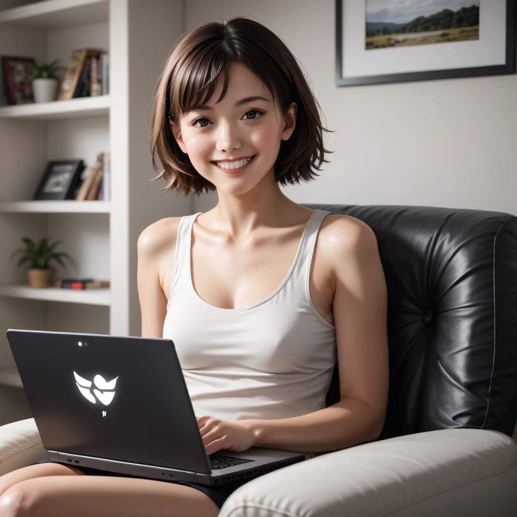 NSFW, score_9, score_8_up, score_7_up, masterpiece, (realistic), (photorealistic), best quality, beautiful detailed, natural lighting, sharp focus, depth of field, in the colorful living room of a modern apartment, A young Japanese woman with brown straight very short hair, (solo), tank top, (sitting in a chair), (searching the Internet on a laptop), looking at viewer, best quality real texture skin, detailed beautiful delicate face and eyes, double eyelid, smile:1.2, white teeth:1.2,