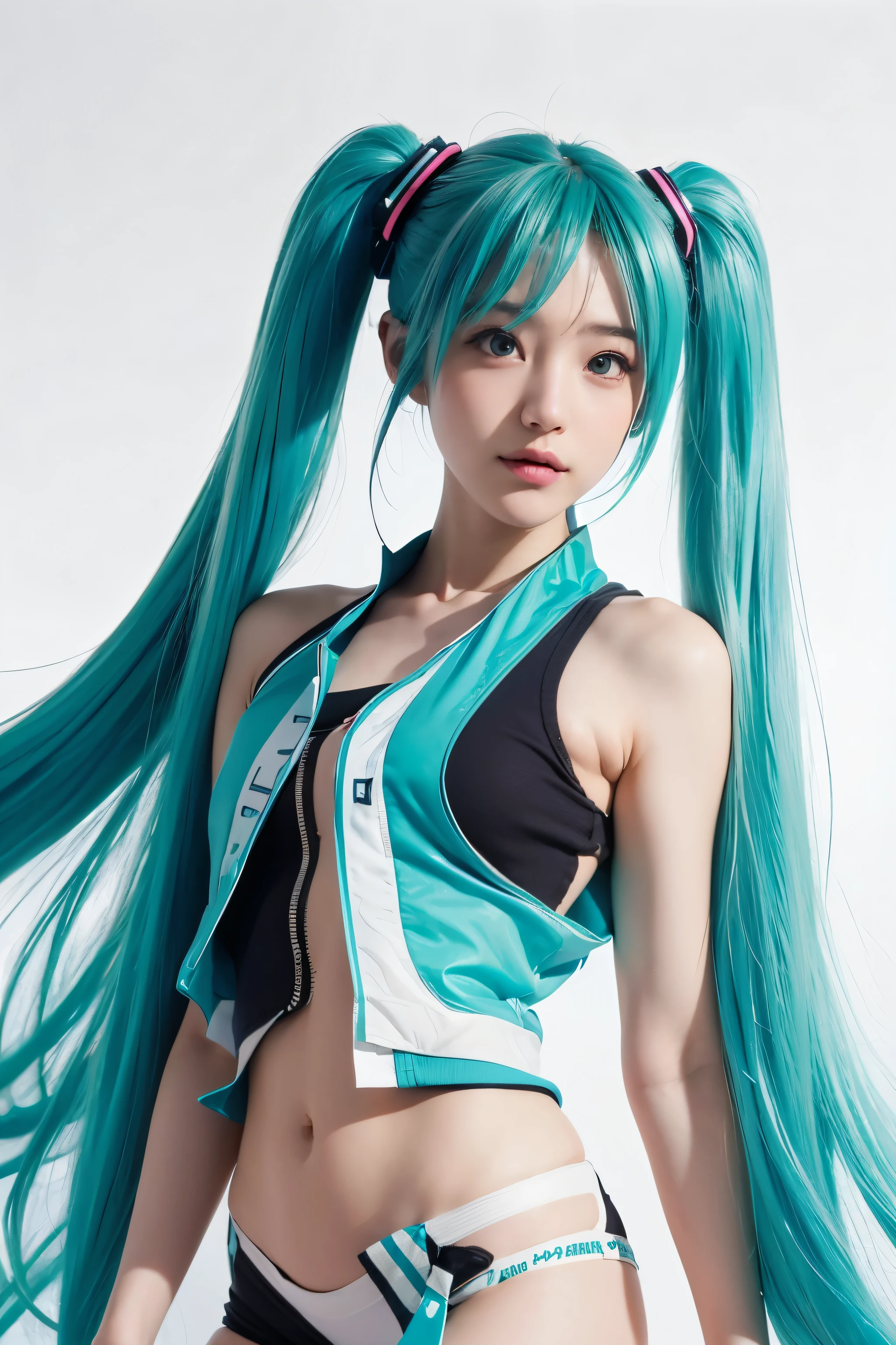 ((Body Portrait))、One Girl, (25 years old Hatsune Miku), Anime costumes, Body Portrait, Wearing a blue vest, Put one foot on the ground, The calf of the other leg was pointing outwards., White Background、Body Portrait、masterpiece, 最high quality, high quality, High resolution