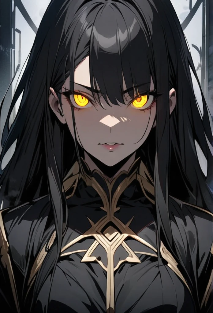 Black Hair, Solo, Looking at viewer, Masterpiece, main face, front face, yellow eyes, glowing eyes, mature, long hair