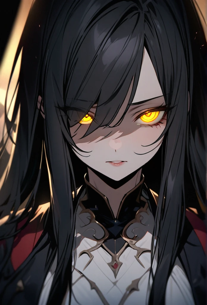 Black Hair, Solo, Looking at viewer, Masterpiece, main face, front face, yellow eyes, glowing eyes, mature, long hair