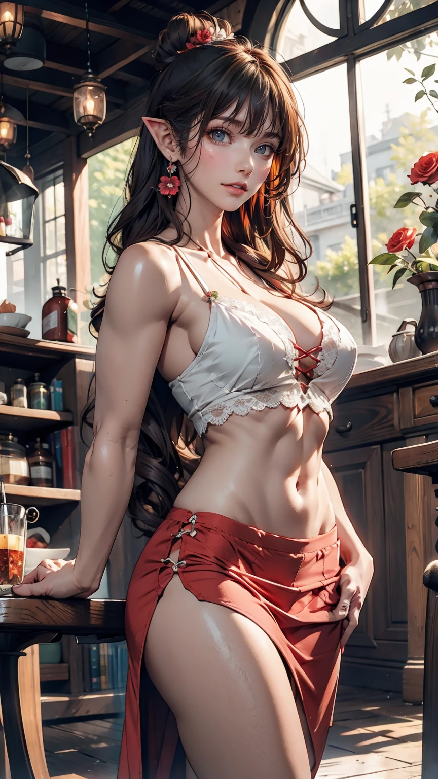 (watercolor: 1.2), Elf Princess, flower, freckles, bangs, Redhead, Long Hair, Green Eyes, Hair between the eyes, flower earrings, Blurred Background, High resolution、25-year-old female、Sexy proportions、Narrow waist、Long eyelashes、Long neck、slender limbature female body、Slim Abs: 1.2、Lace-up sandals