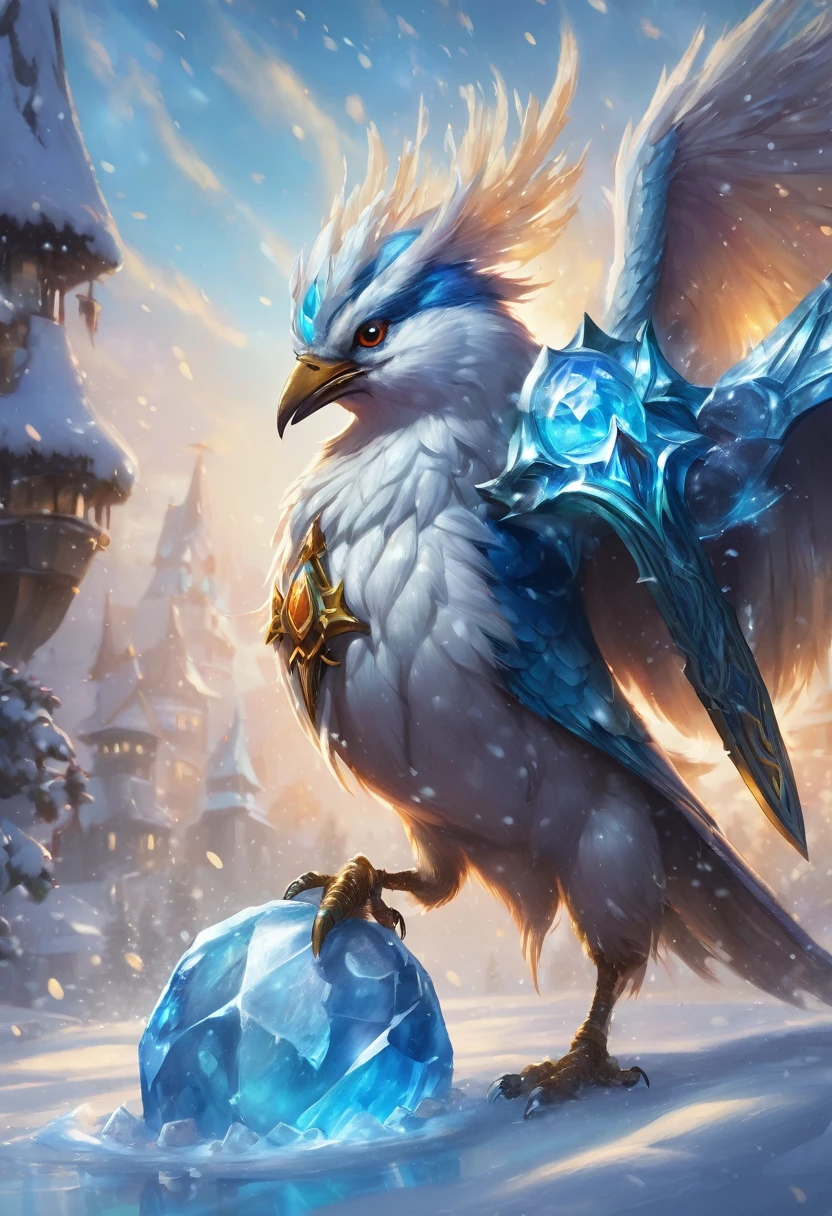 a close up of a bird with a sword on a snowy surface, ice lord, ice mage, master of ice, with ice powers, magic frozen ice phoenix egg, scary sharp icy, crystalline skin, profile picture 1024px, icey, ice spell, hearthstone card art, armor made of ice, frost dragon, blizzard hearthstone concept art