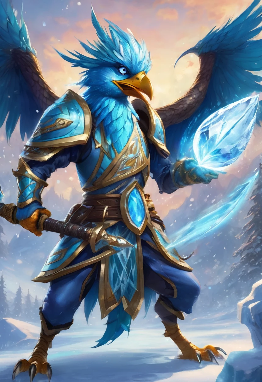 a close up of a bird with a sword on a snowy surface, ice lord, ice mage, master of ice, with ice powers, magic frozen ice phoenix egg, scary sharp icy, crystalline skin, profile picture 1024px, icey, ice spell, hearthstone card art, armor made of ice, frost dragon, blizzard hearthstone concept art