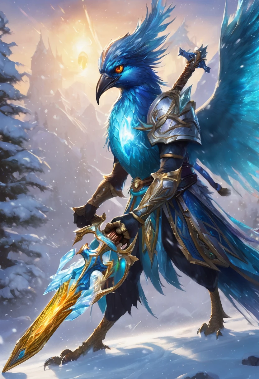 a close up of a bird with a sword on a snowy surface, ice lord, ice mage, master of ice, with ice powers, magic frozen ice phoenix egg, scary sharp icy, crystalline skin, profile picture 1024px, icey, ice spell, hearthstone card art, armor made of ice, frost dragon, blizzard hearthstone concept art