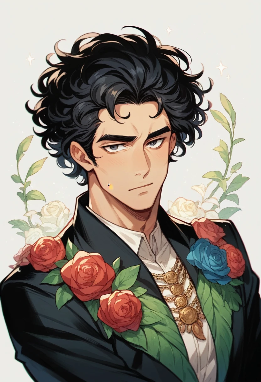 You can create an image of a handsome young man with a fine face, clear skin, black hair, barba, black gala dress, junto a una mujer de clear skin, Curly hair, elegantly dressed in white