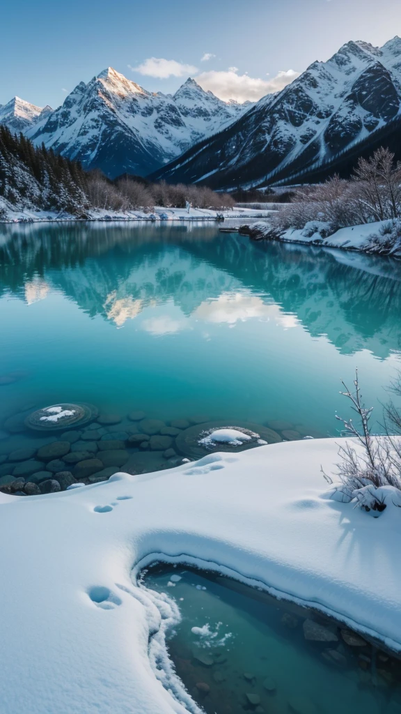 landscape photo with snowy mountains and crystal blue lagoon with 24mm lens