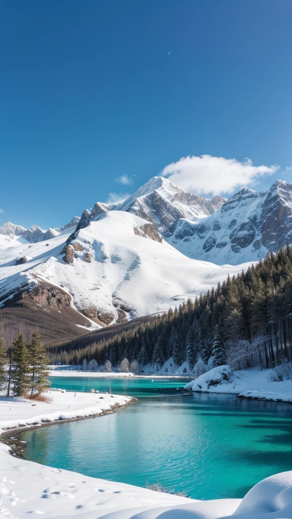 landscape photo with snowy mountains and crystal blue lagoon with 24mm lens
