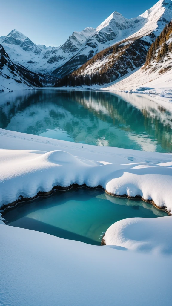 landscape photo with snowy mountains and crystal blue lagoon with 24mm lens