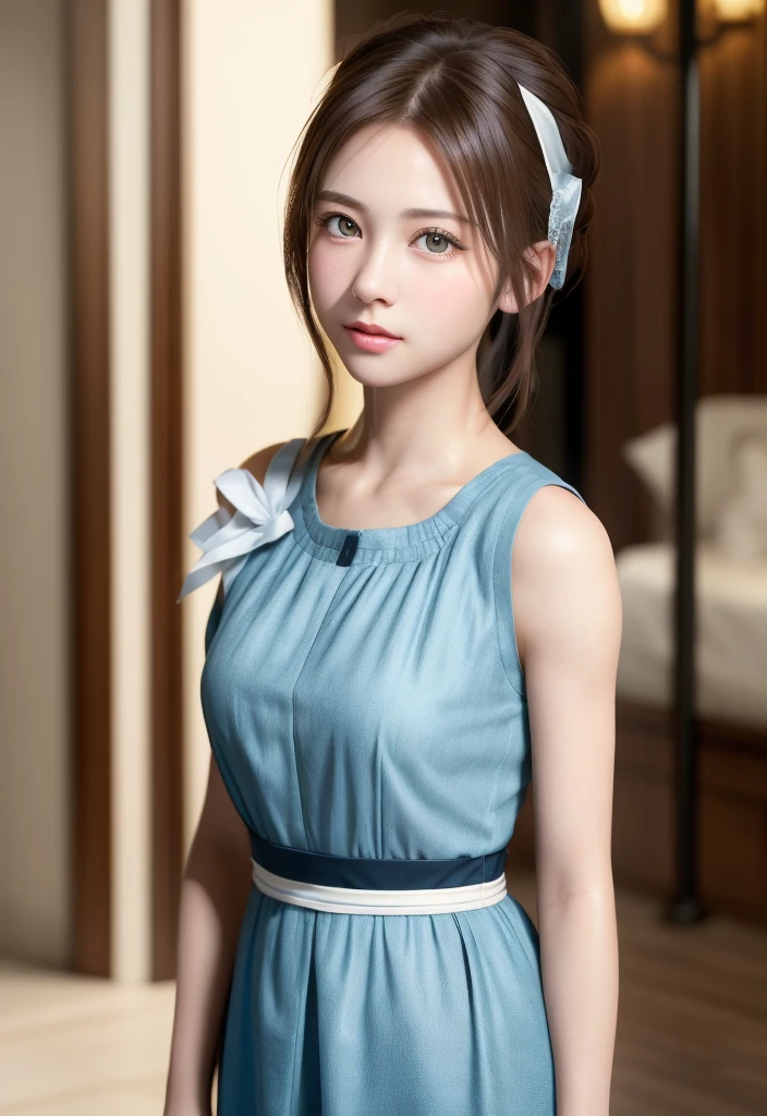 8K, of the highest quality, masutepiece:1.2), (Realistic, Photorealsitic:1.37), of the highest quality, masutepiece, Beautiful young woman, Pensive expression,、A charming、and an inviting look, Cute Maid Clothes, Hair tied back, Cinematic background, Light skin tone