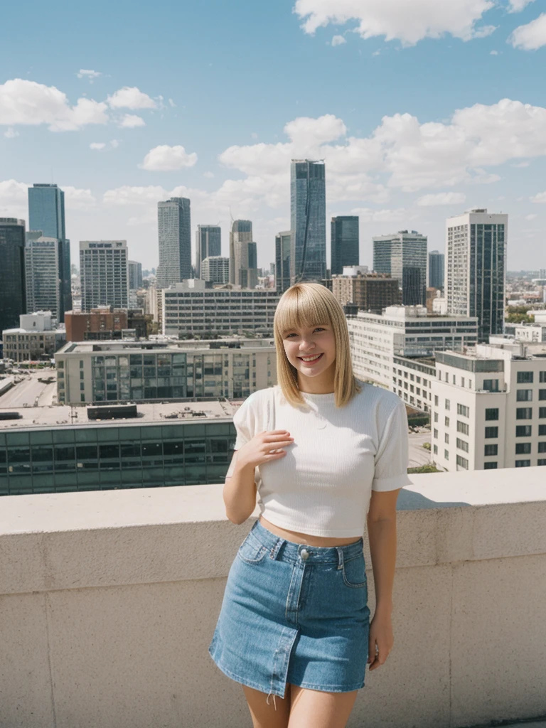 her name is Alliyah, high quality, 1girl, ((20-year-old fit Caucasian woman)), ((20 years old)), ((fit)), ((medium blonde with bangs)), pose: standing, wearing stylish random trend Generation-Z modern wear, BACKGROUND: overlooking city streets, ugly smiling, POSE: standing