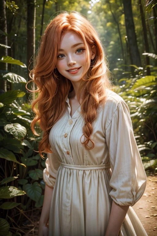 58 year old Human long strawberry blonde hair, human female smiling in a forest with a pleasant expression. Blue, Brown, Green. Wearing a cotton and linen dress with multiple colors.
