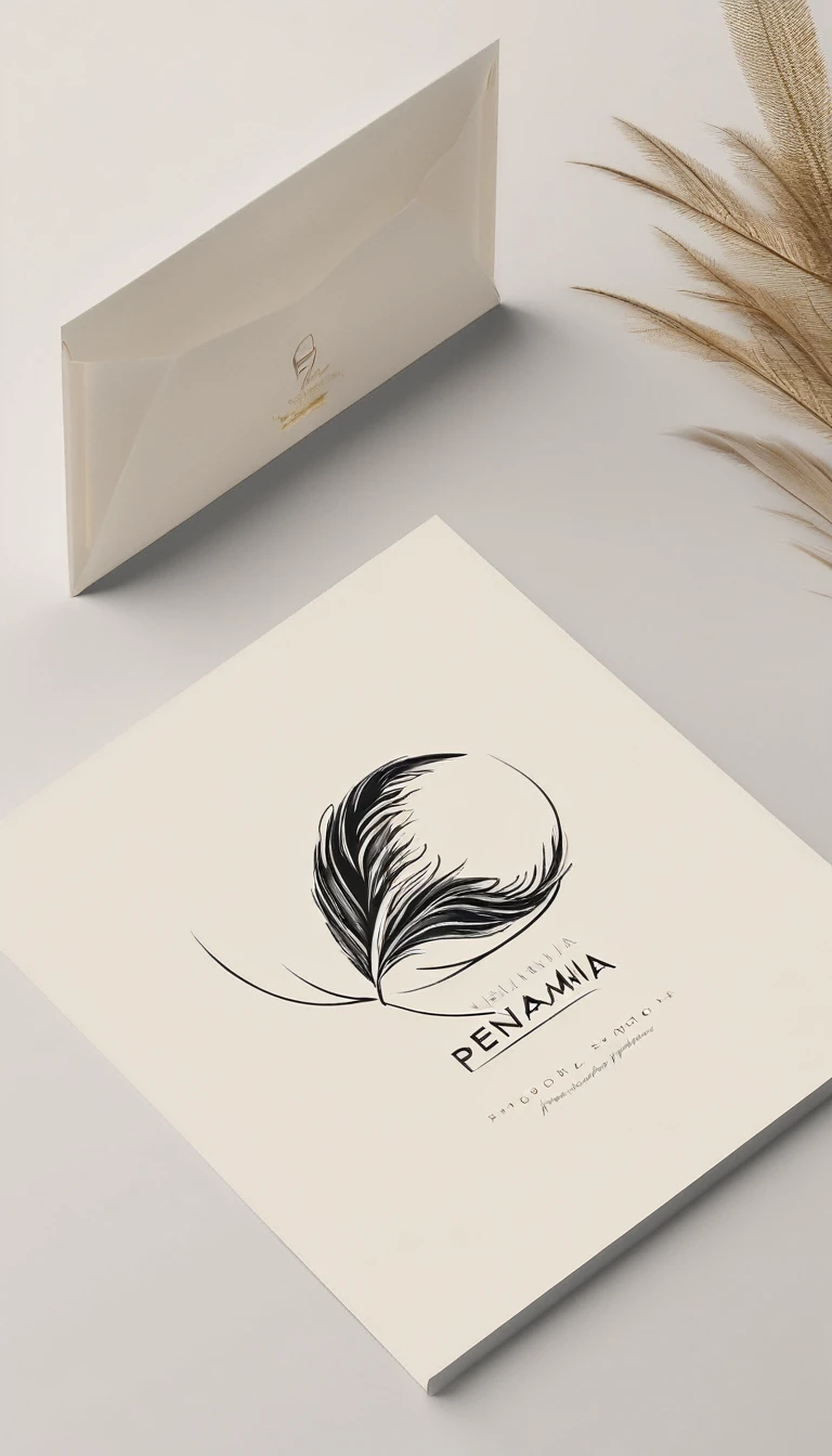 A minimal, modern, simple, cinematic logo design for the brand “Penamemoria". Create a modern, minimalistic, high-quality, logo of a dreamy. fantastic, poetic, masterpiece feather of Memories
