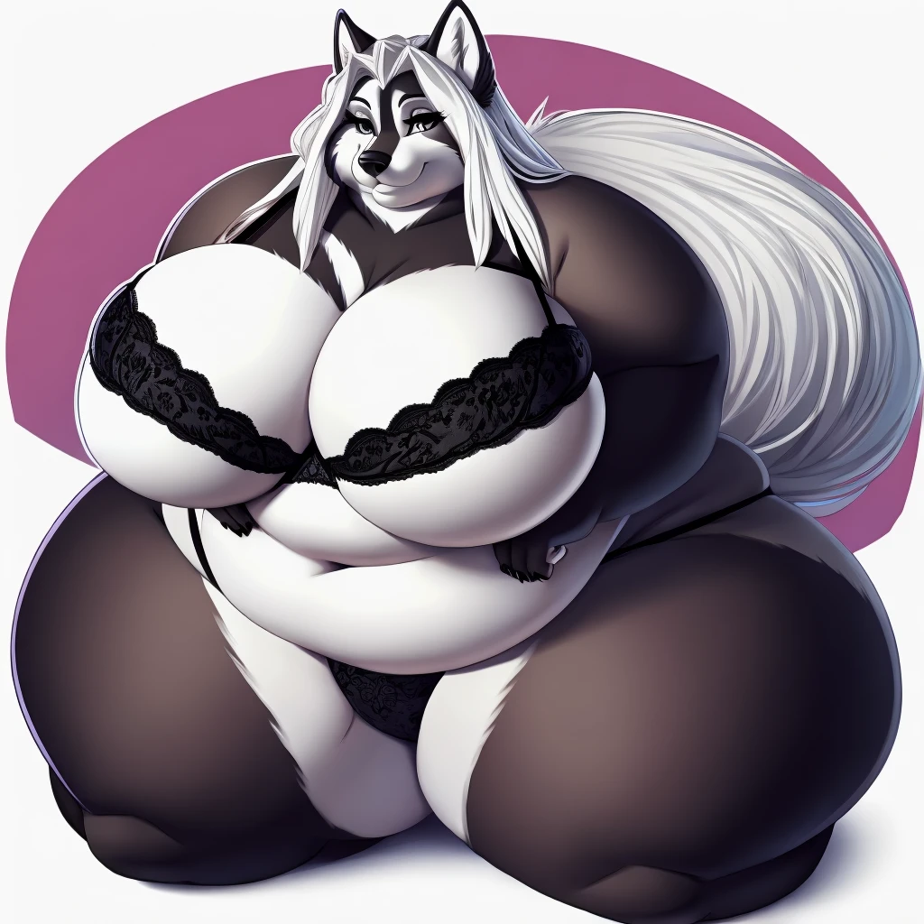  Husky, female, long messy white hair, gigantic breasts, huge hips, gigantic thighs, plump, voluptuous, gorgeous, beautiful, eyelashes, overweight, fat arms, fat legs, black and white fur , kneeling,bra, panties,  gigantic ass