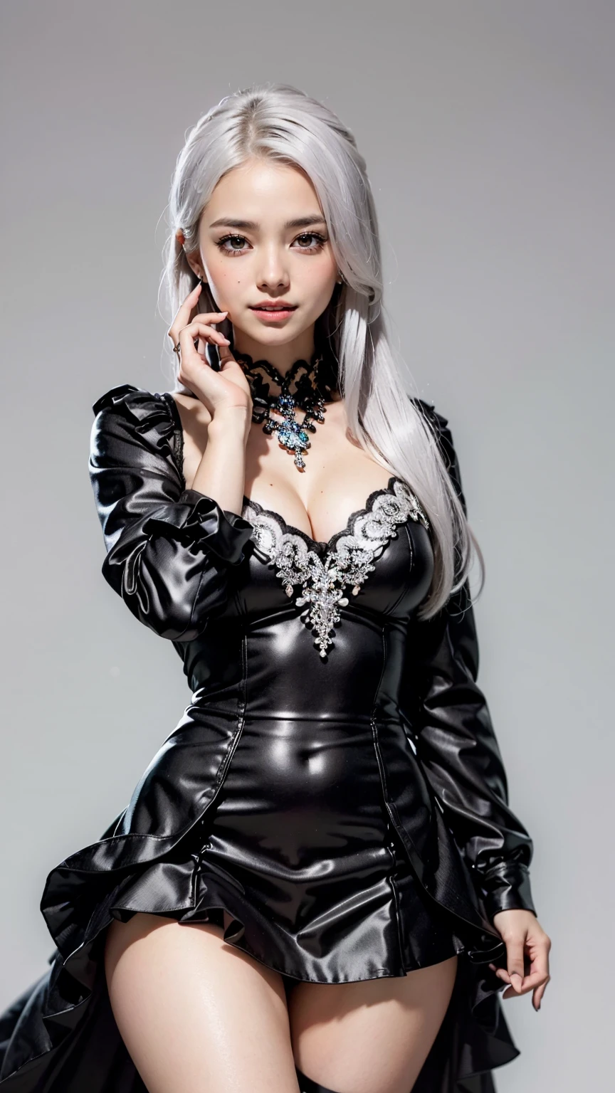 Tarot Card Style, masterpiece, Highest quality, Highest Resolution, Anatomically correct, Accurate Anatomy, (Gray blank background:1.3), (1girl:1.3), 20-year-old, Height: 165cm, Shot from thigh up, (Thick thighs:1.2), (Long Hair, Straight Hair, Silver Hair:1.3), (Squint your eyes, Sharp Eyes, (Iris:1.2)), (Hidden eyelid wrinkles:1.2), Thin eyebrows, Draw eyelashes carefully, Natural Makeup, Chin up, Grin, Slightly to the side, (Fantastic world dresses:1.3), (Pose a random model:1.2)
