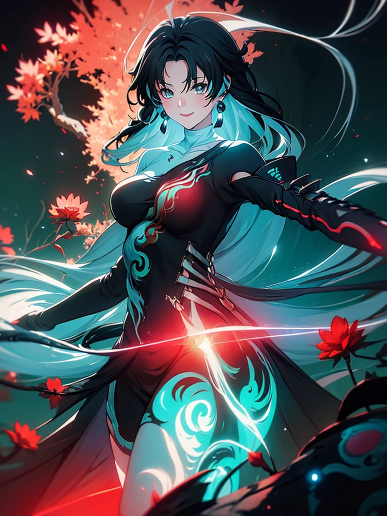 ((semi realistic)), ((Anime girl)), acheron, black red particle, ((cyan aura surrounding character)), forest, Tao symbol, wide smiling, red flower, glowing blood