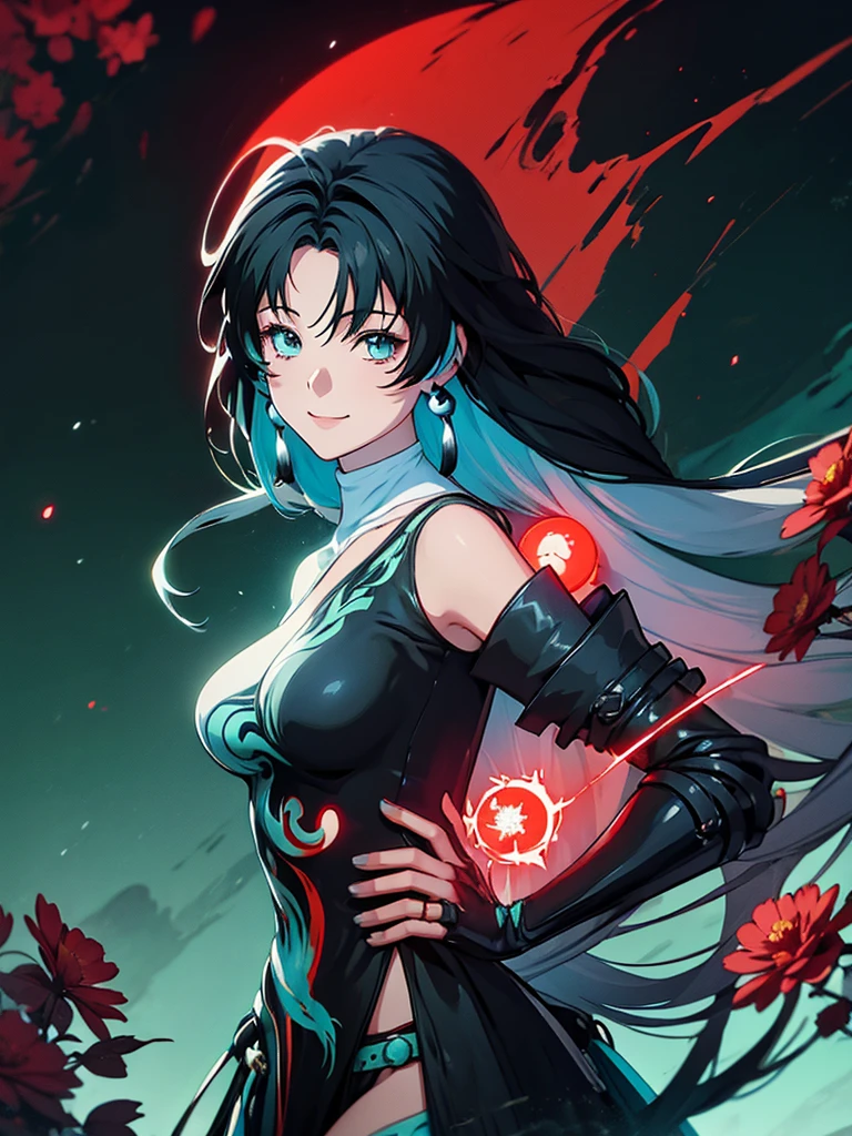 ((semi realistic)), ((Anime girl)), acheron, black red particle, ((cyan aura surrounding character)), forest, Tao symbol, wide smiling, red flower, glowing blood