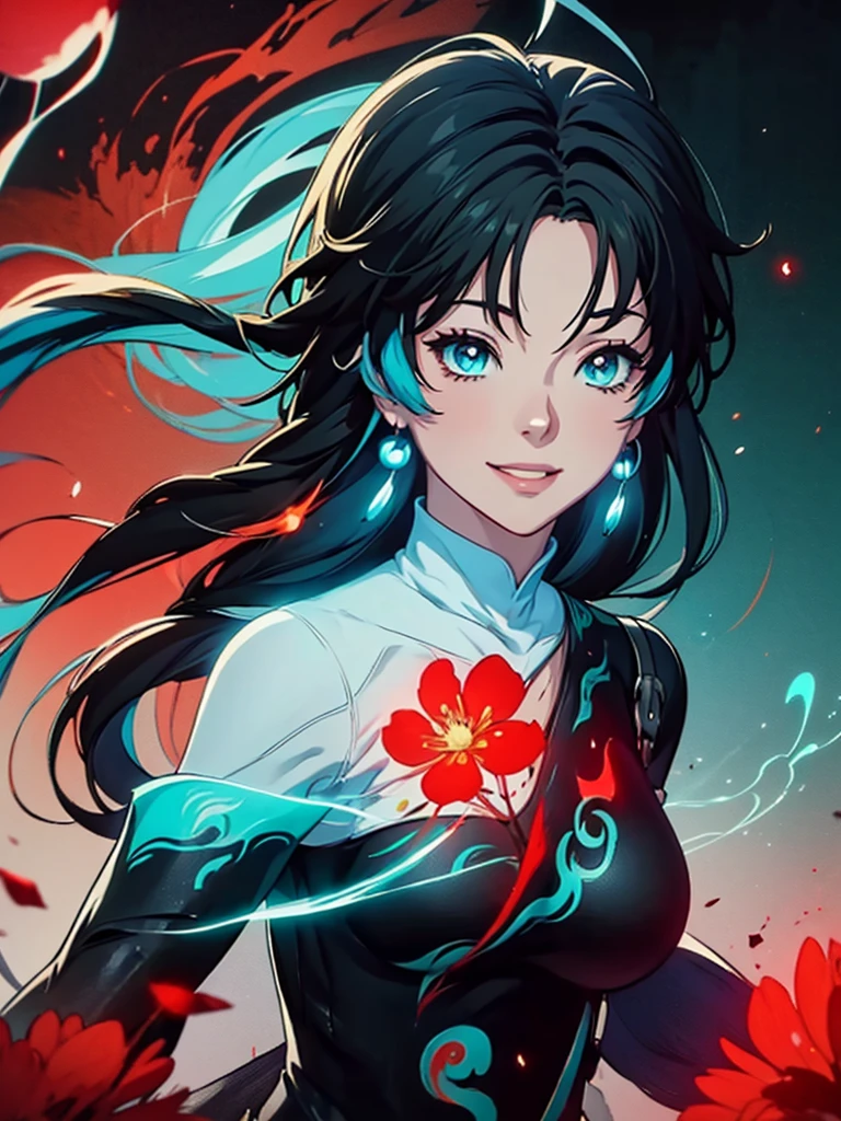 ((semi realistic)), ((Anime girl)), acheron, black red particle, ((cyan aura surrounding character)), forest, Tao symbol, wide smiling, red flower, glowing blood