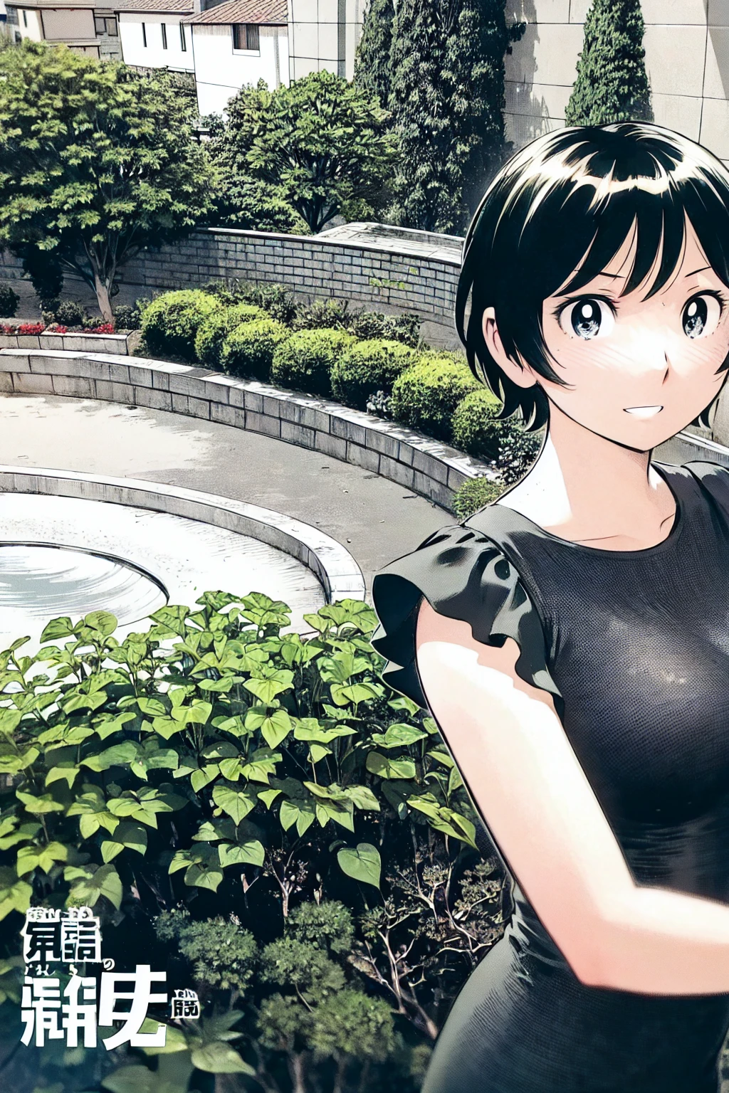 、(masterpiece、Highest quality)、Highest quality, Ultra-high resolution, (((masterpiece))), alone, Sweat、Big eyes, Sleeveless、Outdoor、Floral Dress、Composition from the front、（後ろCut your hair short、short hair、blonde、woman）、Shortcuts、Embarrassed face、Cut your hair short、可愛いwomanの子、Big Breasts、Browsing Caution