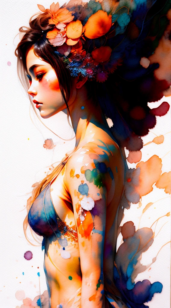 wtrcolor style, digital art, official art, blown by the wind, masterpiece, beautiful, ((watercolor)), paint splatter, intricate detail. Great detail,nipples, Sorayama style