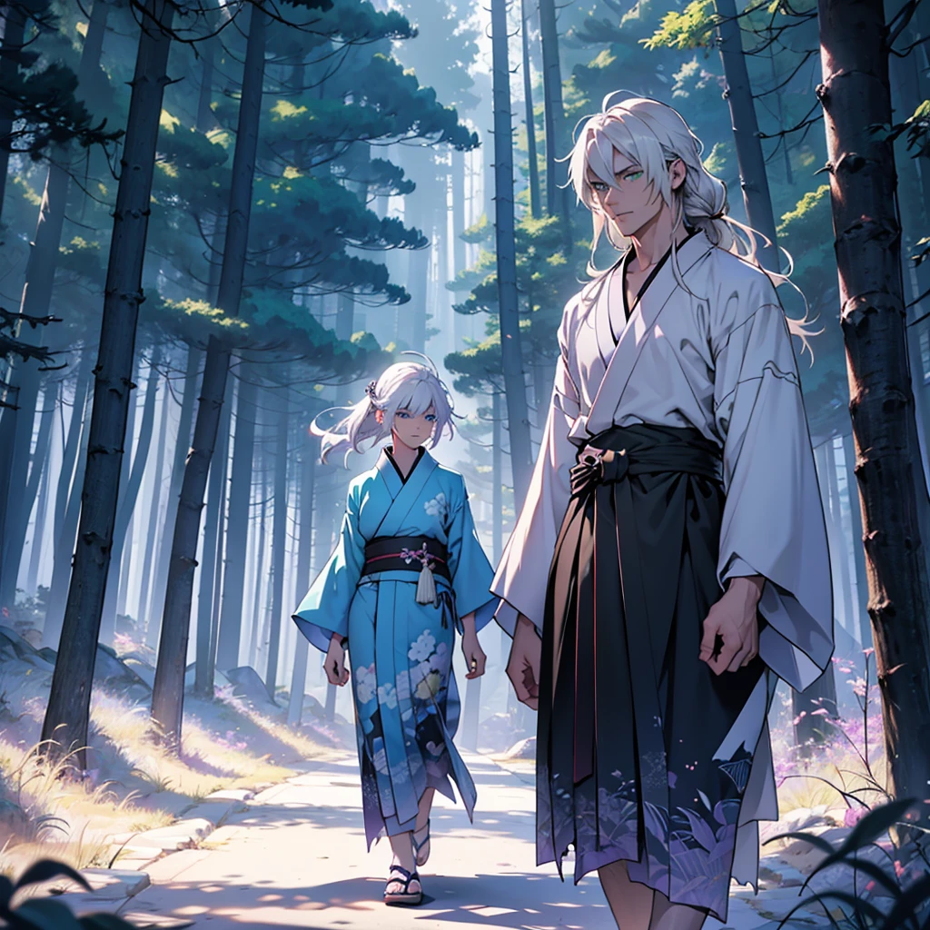 make a 24 year old boy with short white hair and green eyes wearing a torn kimono and with a katana on his waist walking next to a 31 year old girl with purple long hair and light eyes wearing a light blue kimono behind a large mountain around a dense forest of dark and fantasy aesthetics