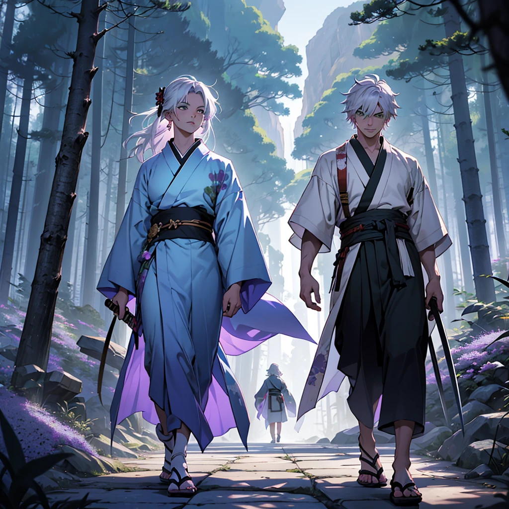 make a 24 year old boy with short white hair and green eyes wearing a torn kimono and with a katana on his waist walking next to a 31 year old girl with purple long hair and light eyes wearing a light blue kimono behind a large mountain around a dense forest of dark and fantasy aesthetics