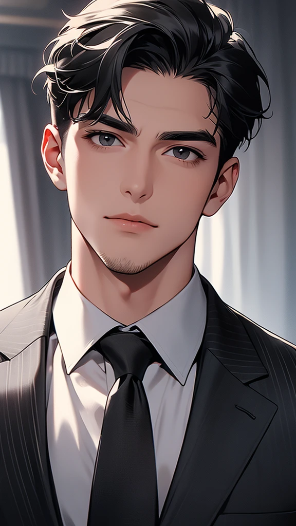 A handsome man with short black hair is wearing a charcoal gray suit. He has his mouth wide open, showing a very surprised expression.