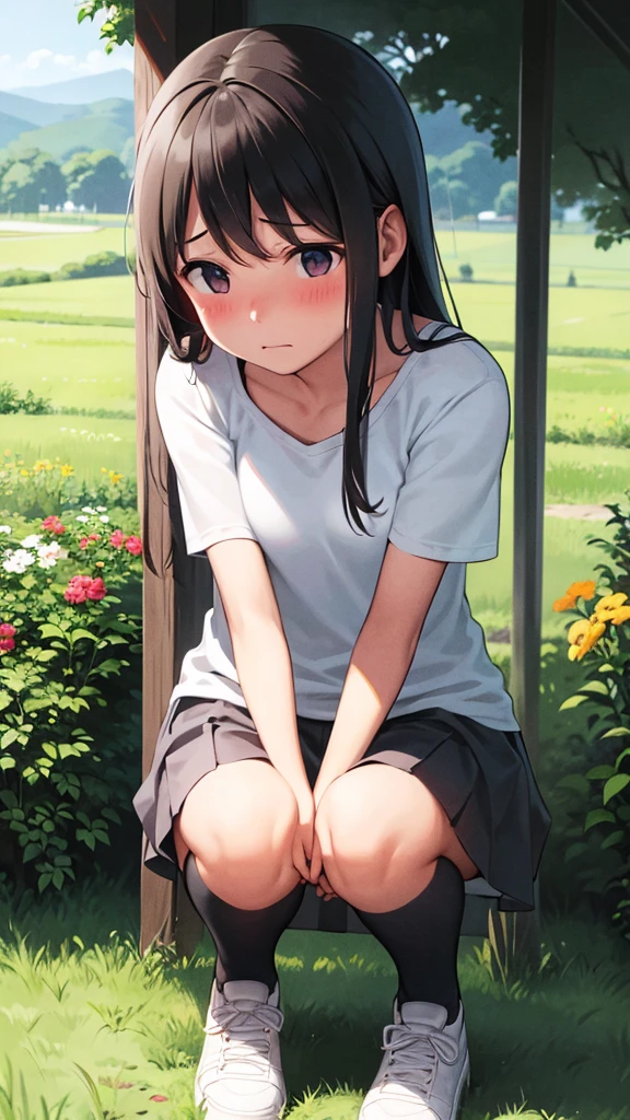 Girl、squat、Blushing、Grassland、In the shade、Hold your crotch with your hands。
