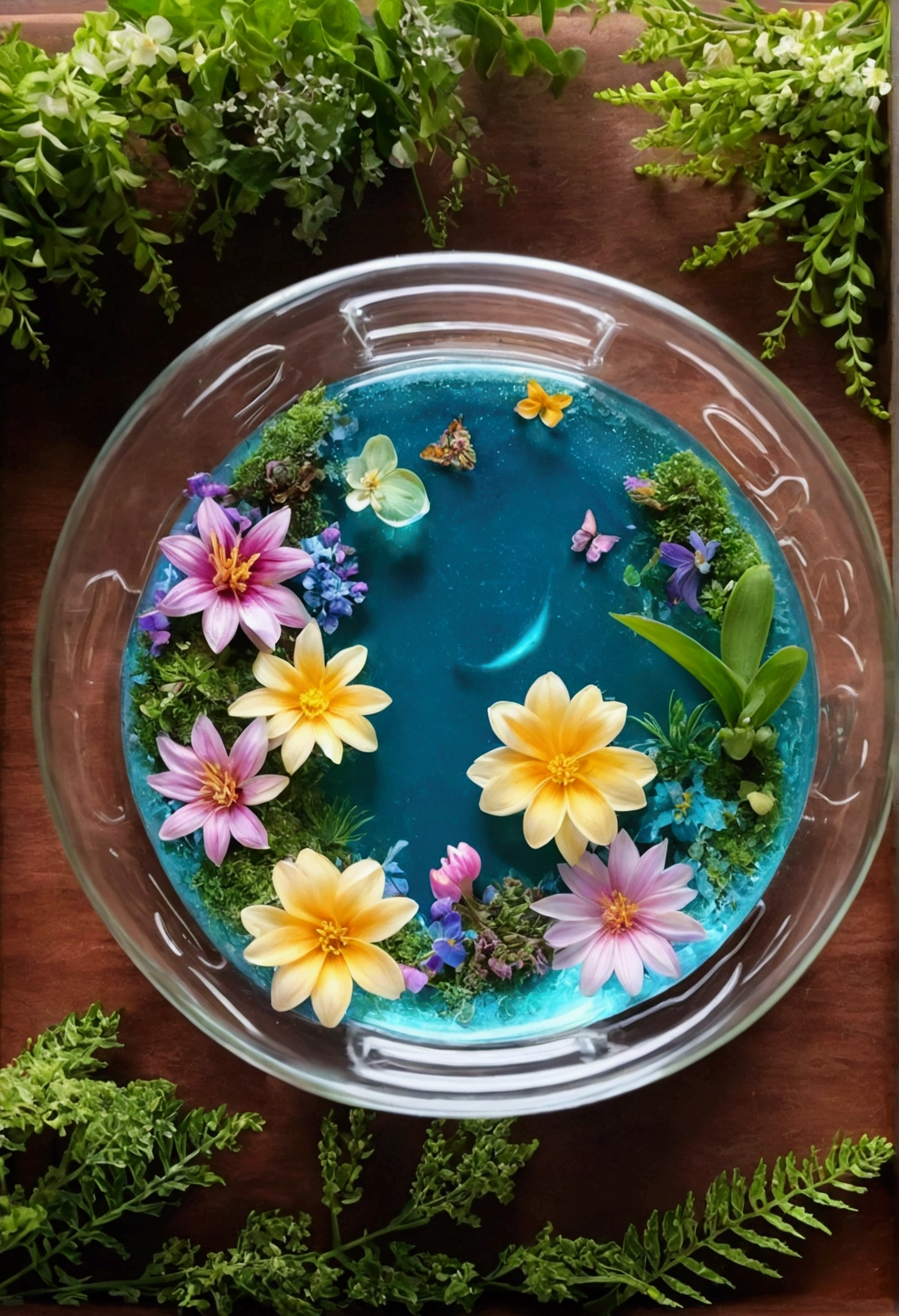 The transparent water cup in the middle,Surrounded by flowers and plants.