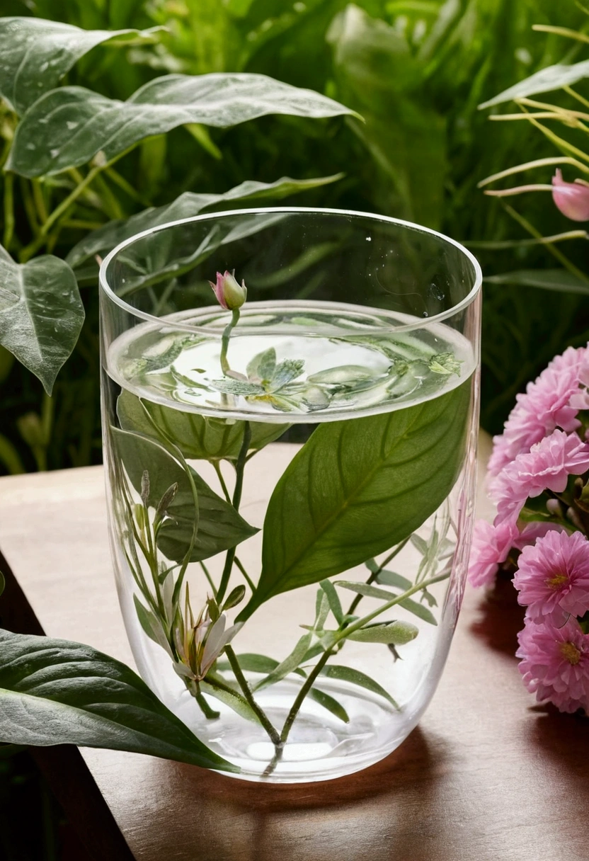 The transparent water cup in the middle，Surrounded by flowers and plants.